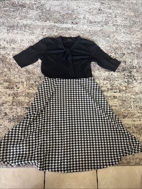 Black Knit Top with Black & White Houndstooth Midi Skirt Dress